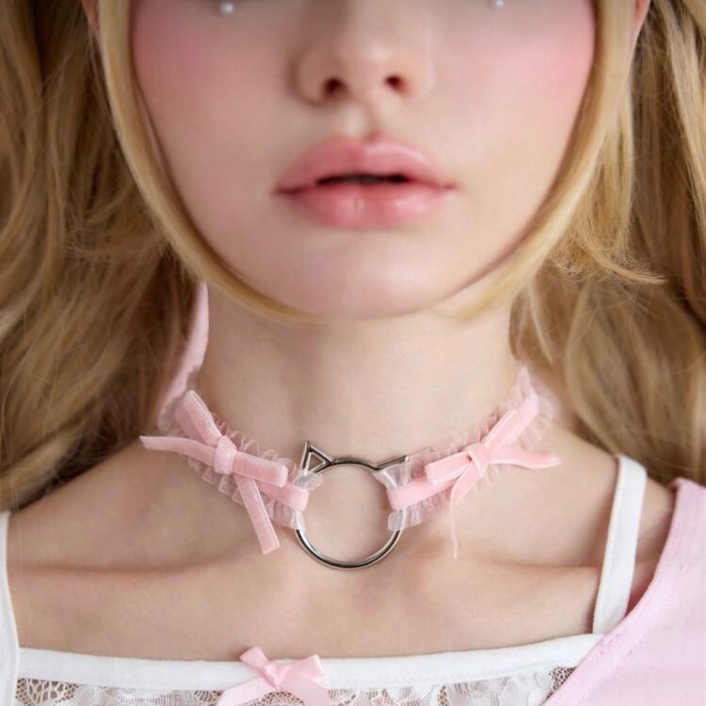 2/$30🌵 Pink Ruffle Ribbon Silver Cat Ears Choker Necklace Kitty Collar NEW